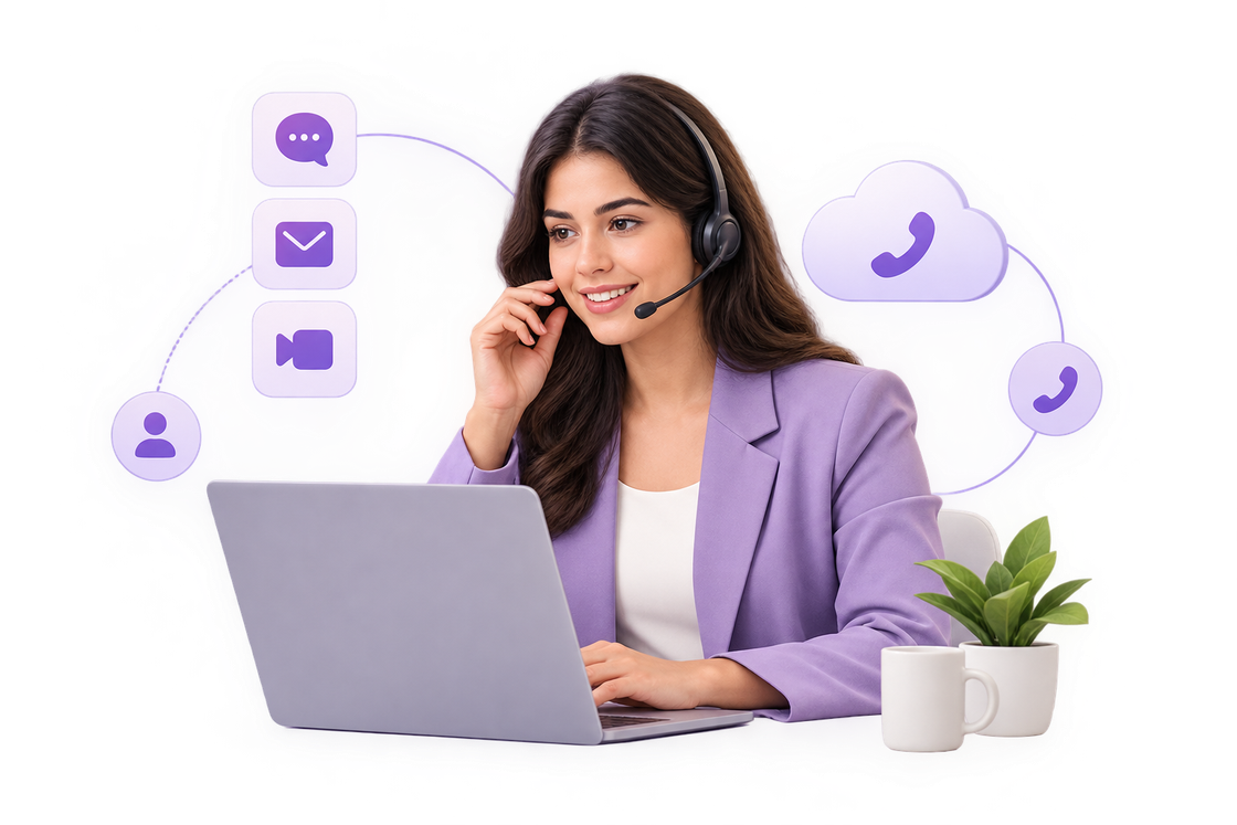 A customer service agent wearing a headset, surrounded by voice, email, video and chat icons