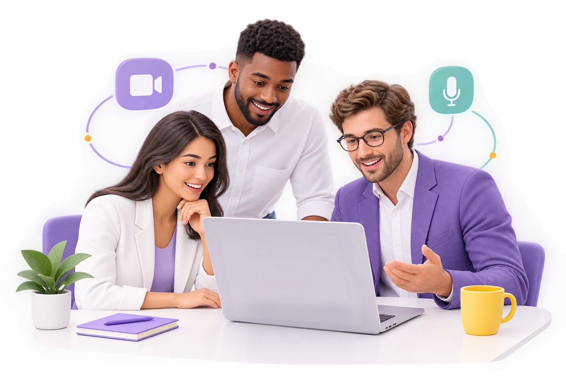 A team collaborating over a laptop with voice and video services around them