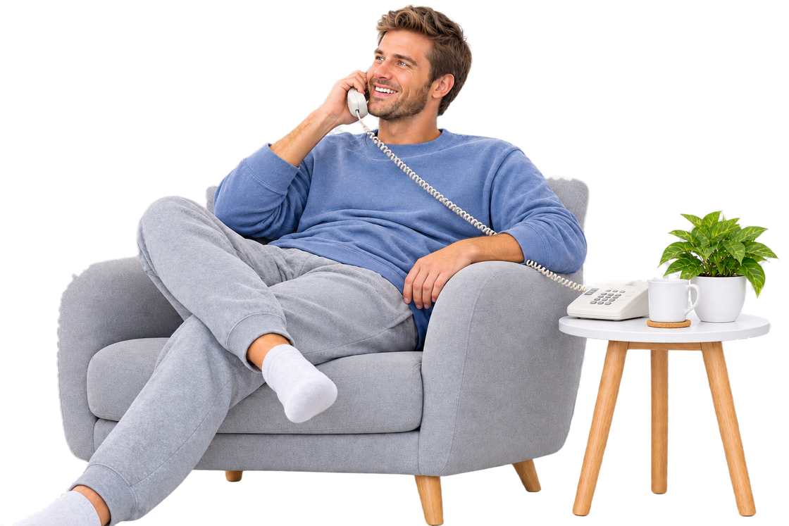 A smiling man relaxing in an armchair at home, talking on a corded phone, with a side table holding the phone base, a mug and a plant