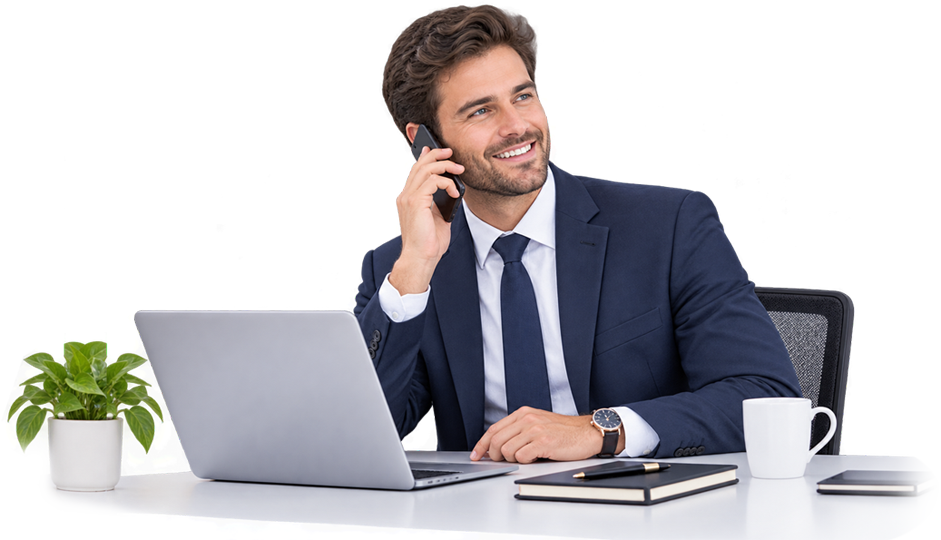 A business user on a mobile phone connected to the corporate phone system