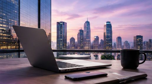 A laptop and phone on a desk overlooking a city skyline at dusk