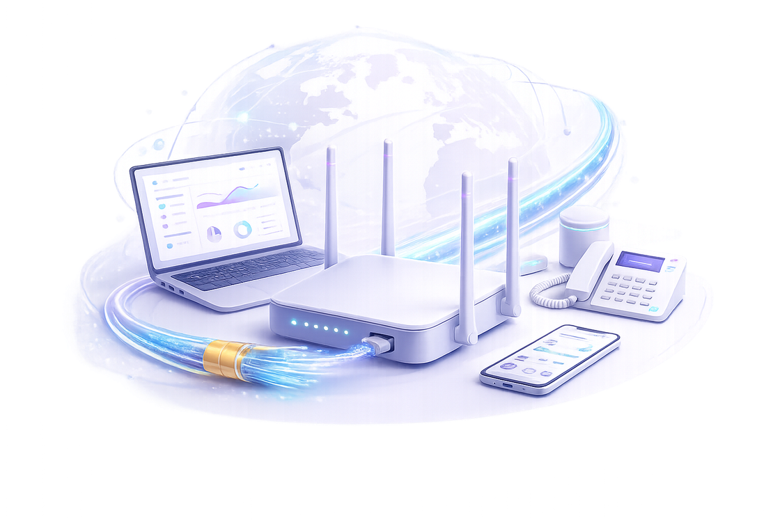Carrier network equipment — a router, laptop, desk phone and mobile connected by fibre across the globe