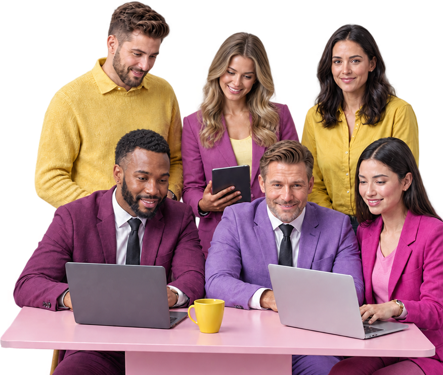 A team of colleagues collaborating around a laptop