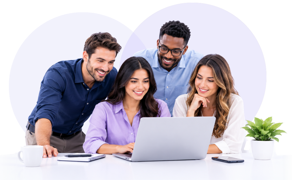 The 0Wire management team gathered around a laptop