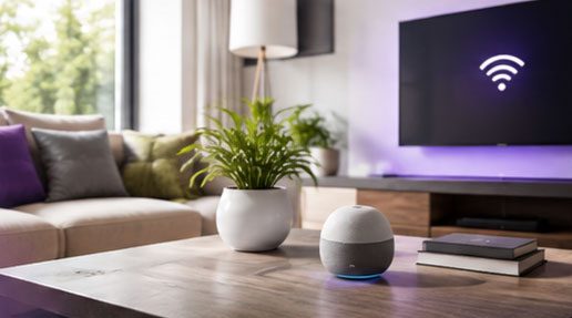 A living room with a smart speaker and a wifi symbol on the television